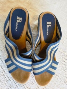 Browns sandles 8.5 blue/white stripe cork 3 inch heel coastal nautical preppy
